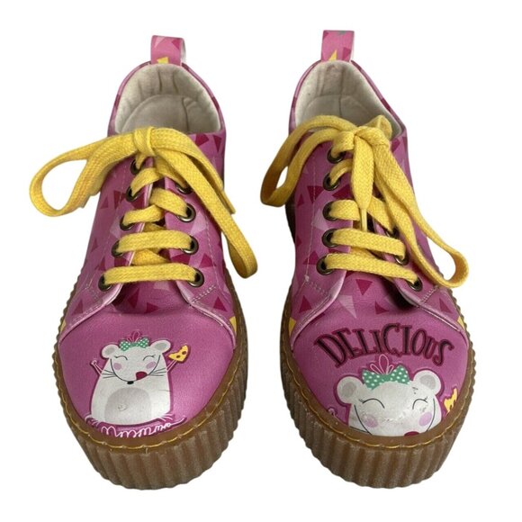 Goby Sneakers Pink Mice Womens 36 / US 6 Yellow Laces Chunky Soles Casual Funky - Picture 1 of 12